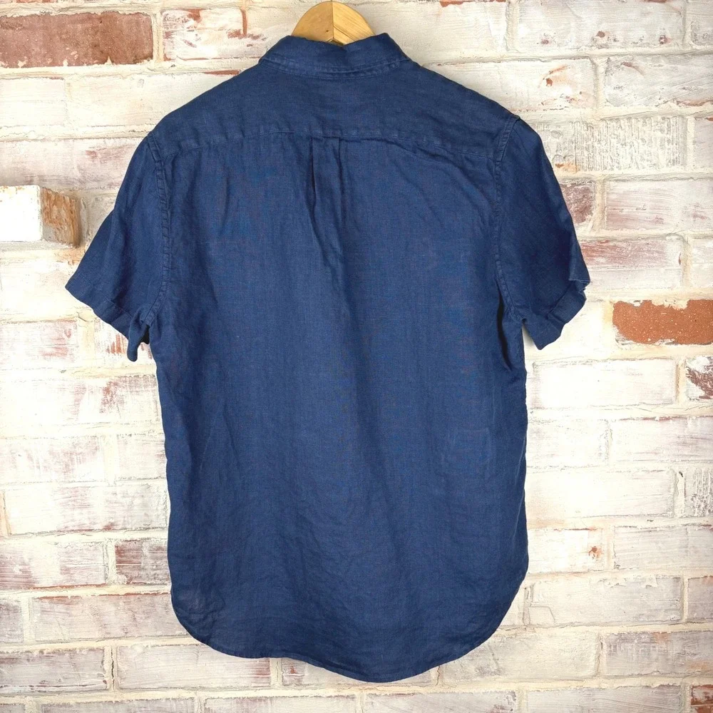 J.Crew Irish Linen Short Sleeve Button Down Shirt Navy Classic Fit Men M